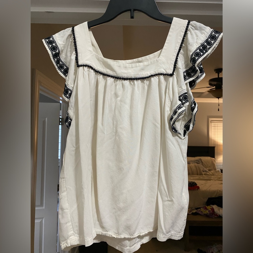Loft White & Black Embroidered Square Neck Flutter Sleeve Top